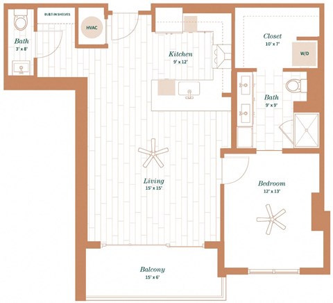 Floor plan for 1 bed, 1 bath, 890 sqft