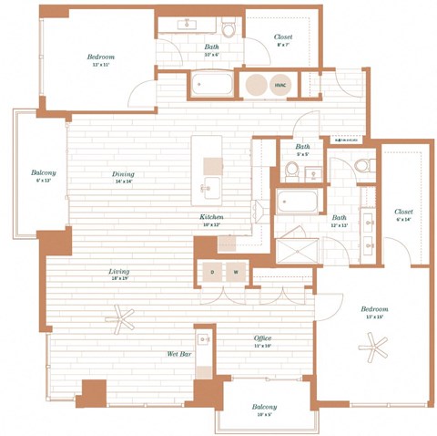 Floor plan for 2 beds, 2 baths, 1861 sqft