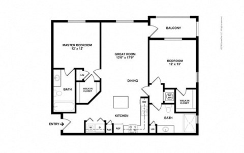 Floor plan for 2 beds, 2 baths, 1142 sqft