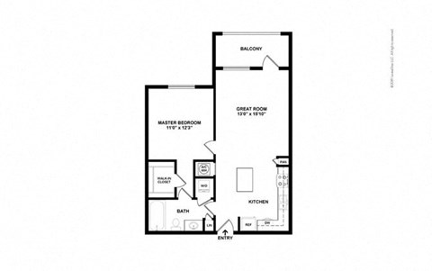 Floor plan for 1 bed, 1 bath, 774 sqft
