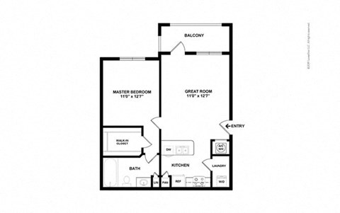 Floor plan for 1 bed, 1 bath, 727 sqft