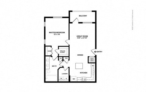 Floor plan for 1 bed, 1 bath, 897 sqft