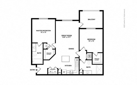 Floor plan for 2 beds, 2 baths, 1219 sqft