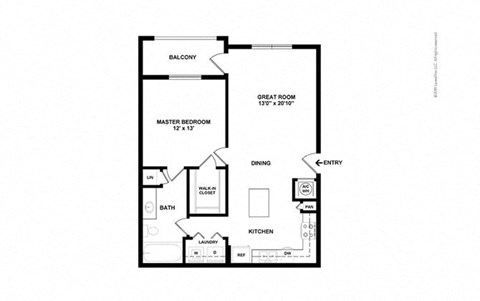 Floor plan for 1 bed, 1 bath, 839 sqft
