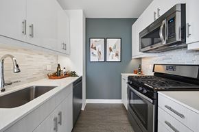 Chicago apartment for rent - Modern galley kitchen with stainless steel appliances and quartz countertops in South Loop Chicago apartment