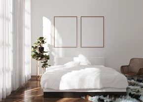 San Jose apartment for rent - a bedroom with a white bed and two pictures on the wall