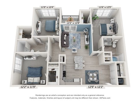 Floor plan for 3 beds, 2 baths, 1291 sqft