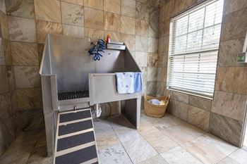 A bathroom with a tiled wall and a shower stall