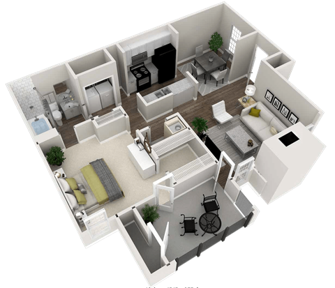 Floor plan for 1 bed, 1 bath, 973 sqft