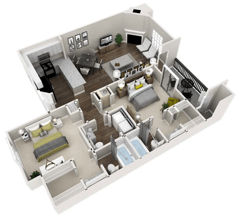 Floor plan for 2 beds, 2.5 baths, 1198 sqft