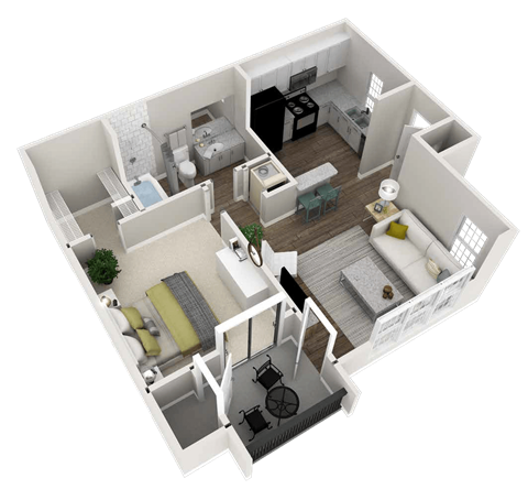 Floor plan for 1 bed, 1 bath, 653 sqft
