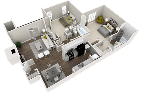 Floor plan for 2 beds, 2 baths, 1135 sqft