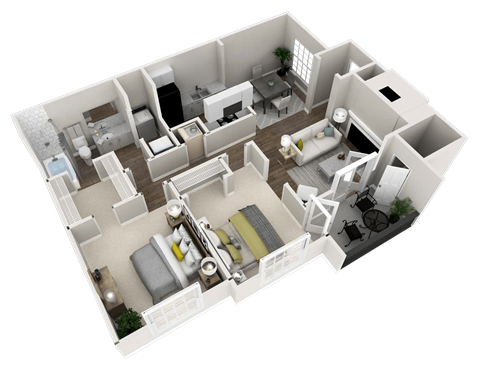 Floor plan for 2 beds, 1 bath, 977 sqft