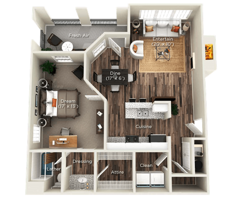 Floor plan for 1 bed, 1 bath, 895 sqft