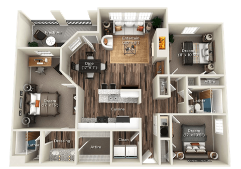 Floor plan for 3 beds, 2 baths, 1309 sqft