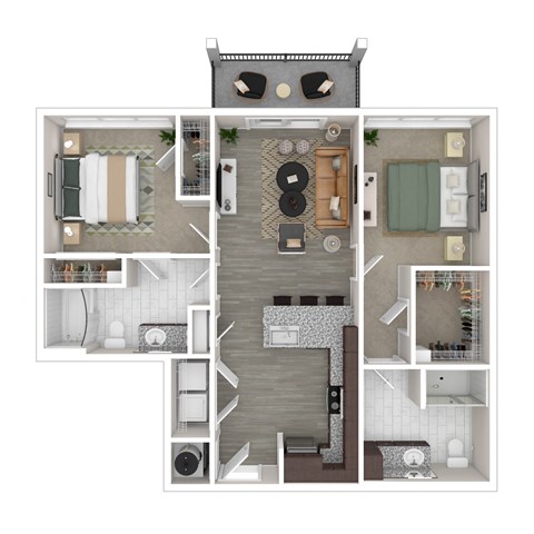 Floor plan for 2 beds, 2 baths, 981 sqft