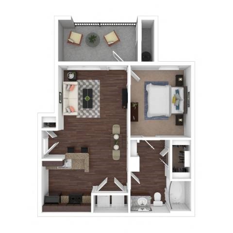 Floor plan for 1 bed, 1 bath, 673 sqft