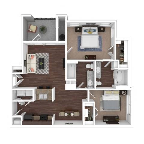 Floor plan for 2 beds, 2 baths, 969 sqft
