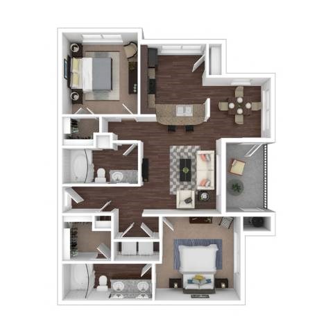 Floor plan for 2 beds, 2 baths, 1049 sqft