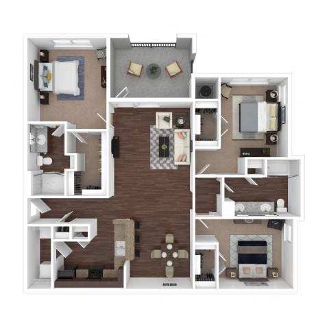 Floor plan for 3 beds, 2 baths, 1305 sqft