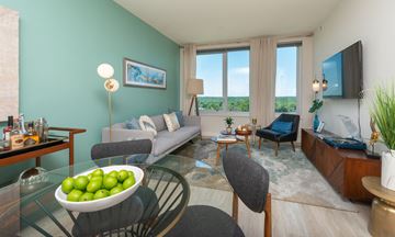 Silver Spring apartment for rent - A living room with a glass table and a bowl of green apples on it.