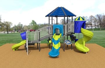Grand Island apartment for rent - A playground with a blue and yellow slide, a yellow and blue slide, and a blue and yellow tower.