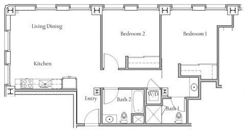 Floor plan for 2 beds, 2 baths, 929 sqft