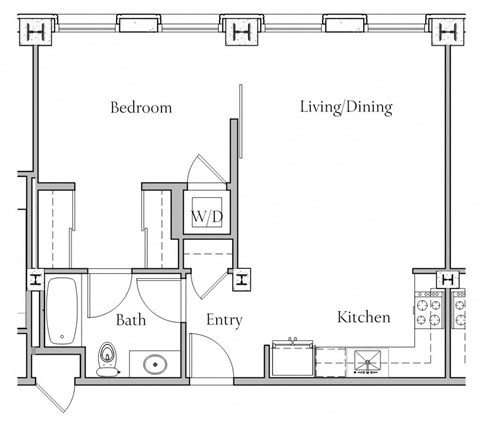 Floor plan for 1 bed, 1 bath, 686 sqft