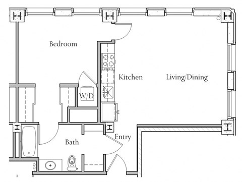 Floor plan for 1 bed, 1 bath, 696 sqft