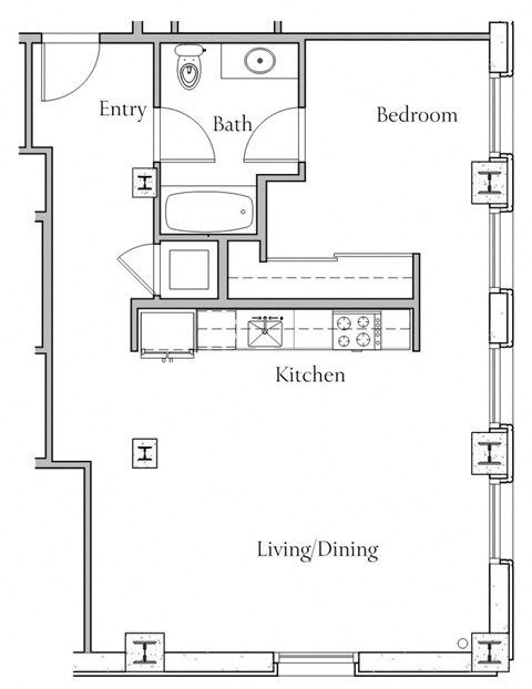 Floor plan for 1 bed, 1 bath, 747 sqft
