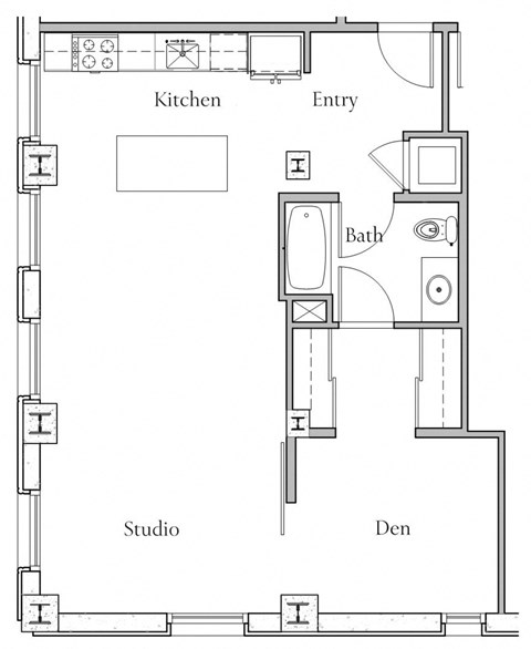 Floor plan for 1 bed, 1 bath, 800 sqft