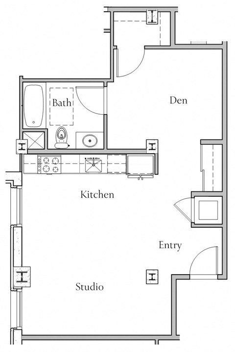 Floor plan for 1 bed, 1 bath, 626 sqft