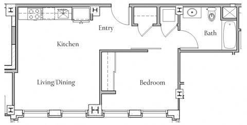 Floor plan for 1 bed, 1 bath, 573 sqft