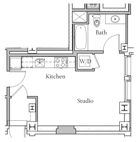 Floor plan for studio, 1 bath, 402 sqft