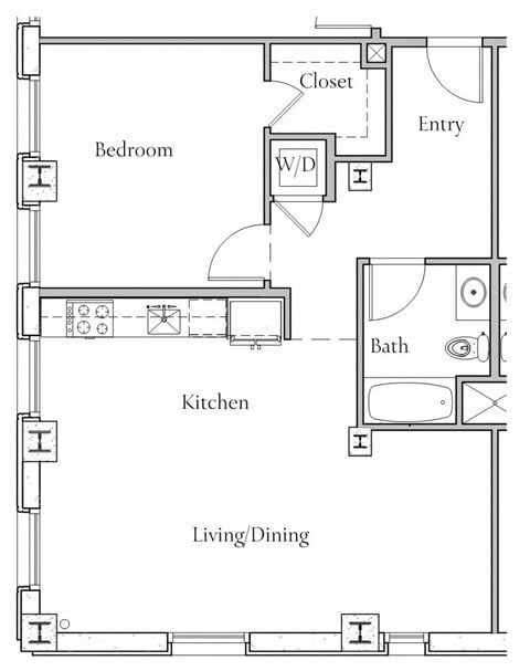 Floor plan for 1 bed, 1 bath, 826 sqft