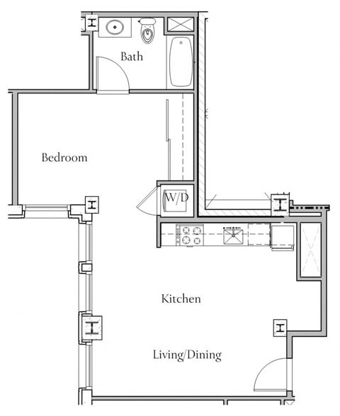 Floor plan for 1 bed, 1 bath, 607 sqft