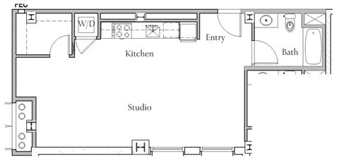 Floor plan for 1 bed, 1 bath, 610 sqft