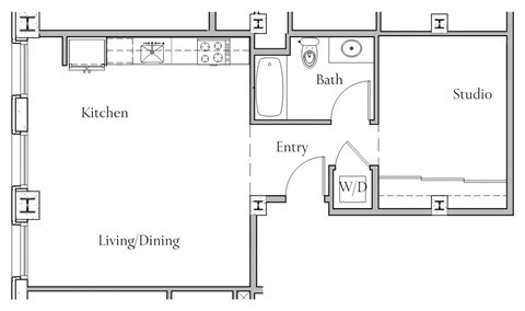 Floor plan for 1 bed, 1 bath, 646 sqft