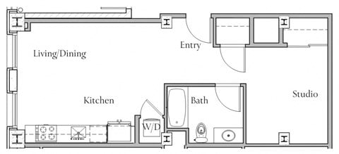 Floor plan for 1 bed, 1 bath, 558 sqft