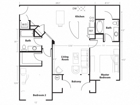 Floor plan for 2 beds, 2 baths, 1192 sqft