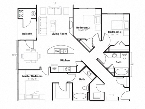 Floor plan for 3 beds, 2 baths, 1340 sqft