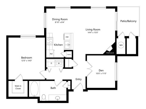 Floor plan for 2 beds, 1 bath, 929 sqft