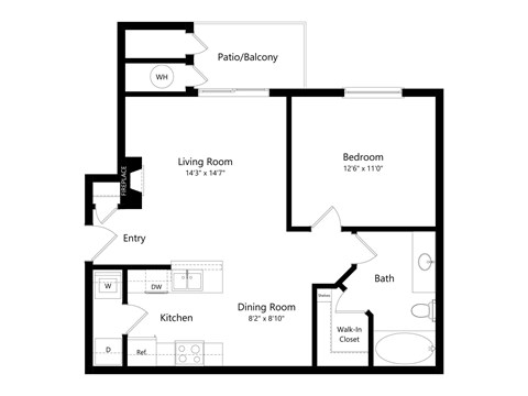 Floor plan for 1 bed, 1 bath, 707 sqft