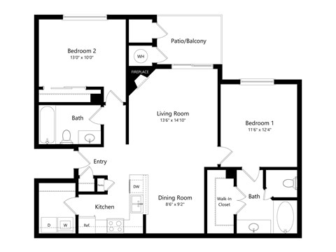 Floor plan for 2 beds, 2 baths, 1022 sqft