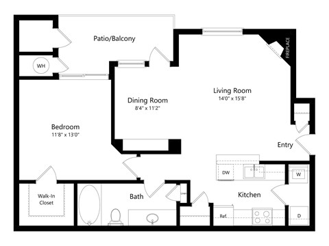 Floor plan for 1 bed, 1 bath, 796 sqft
