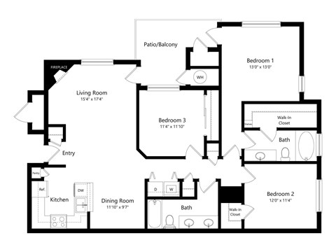 Floor plan for 3 beds, 2 baths, 1374 sqft
