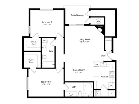 Floor plan for 2 beds, 2 baths, 1093 sqft