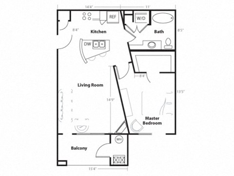 Floor plan for 1 bed, 1 bath, 735 sqft