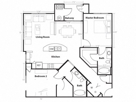 Floor plan for 2 beds, 2 baths, 1209 sqft