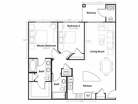 Floor plan for 2 beds, 2 baths, 1048 sqft